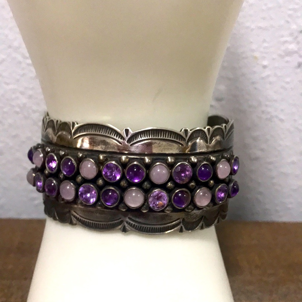 vintage sterling designer El Tom purple stone native american cuff bracelet NFR